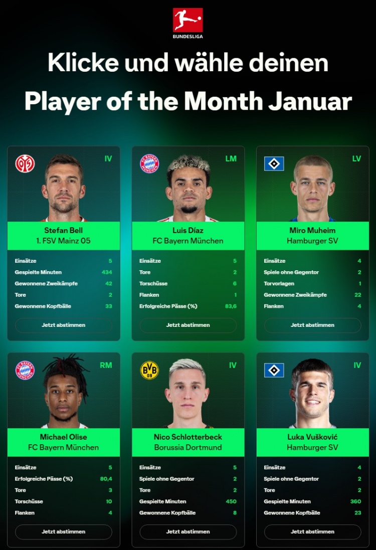 官方网址-德甲1月最佳候选：奥利塞、迪亚斯、施洛特贝克、武什科维奇领衔