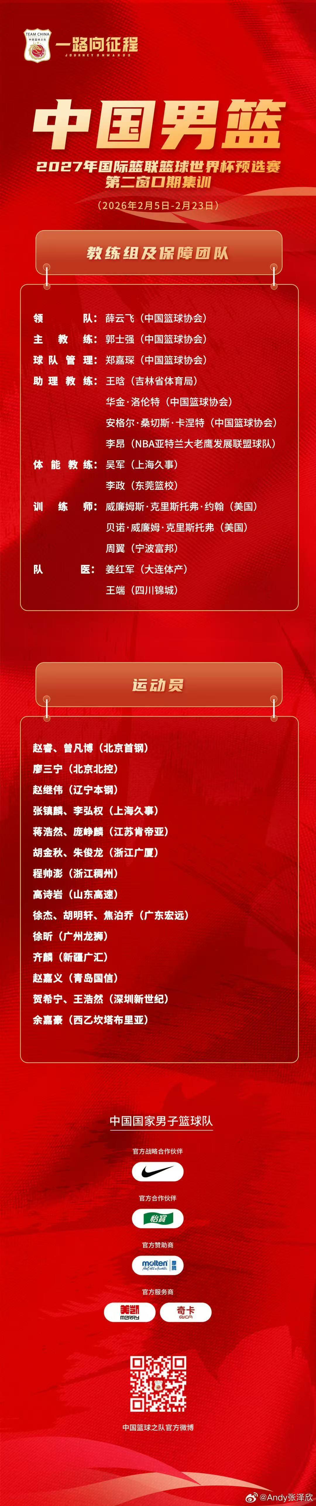 中国男篮公布世预赛集训大名单:高诗岩入选,留洋的余嘉豪在列